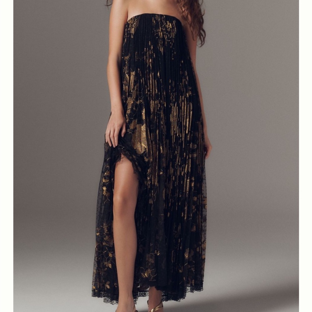NEW Anthropologie Helsi Delphine Strapless Black Gold Pleated Lace Maxi Dress